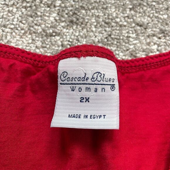 Cascade Blues Shirt Womens Plus 2X Red Short Sleeve V Neck Solid Cotton Tee Top - Picture 4 of 8
